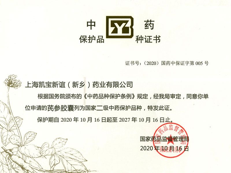 芪参胶囊中药保护证书